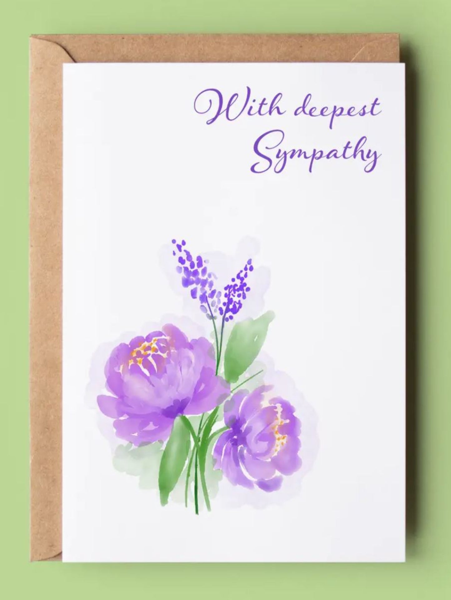 this is a white card with a purple flower on the front, the purple text reads 'with deepest sympathy'