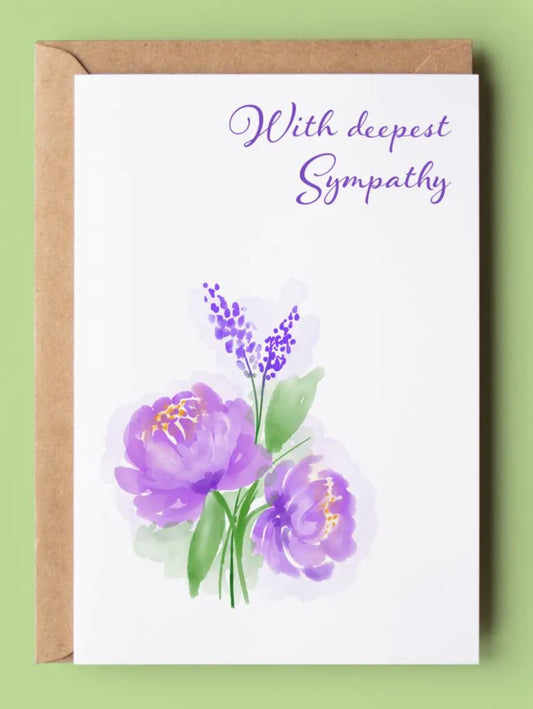 this is a white card with a purple flower on the front, the purple text reads 'with deepest sympathy'