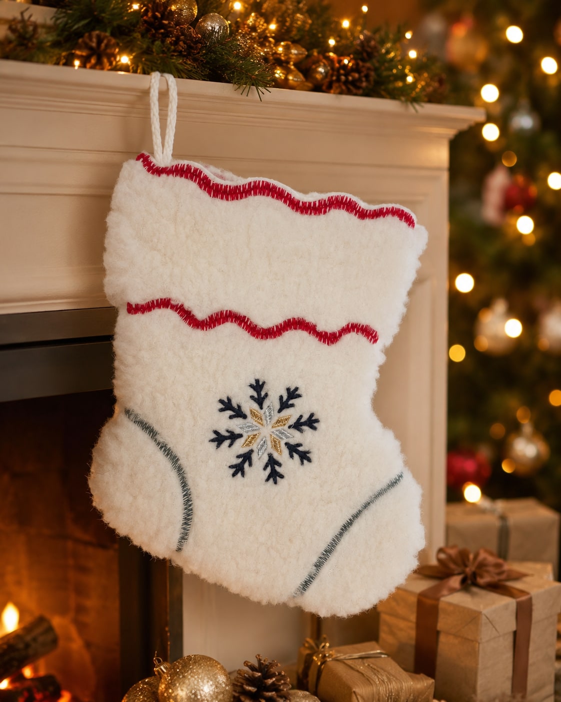 A white faux-fur Christmas stocking with a red wavy trim, a navy and gold embroidered snowflake, and gray piping, hanging on a fireplace mantel with a warm, festive background.